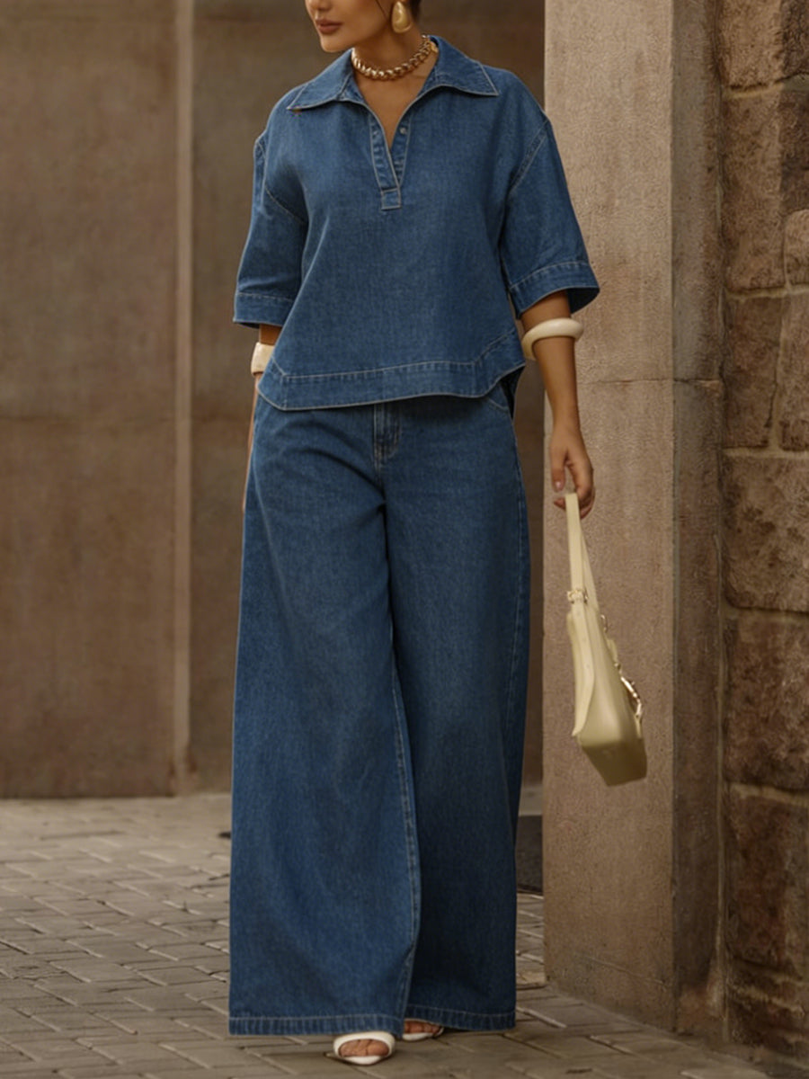 MALLORY | DENIM TOP AND WIDE-LEG PANTS - Blue