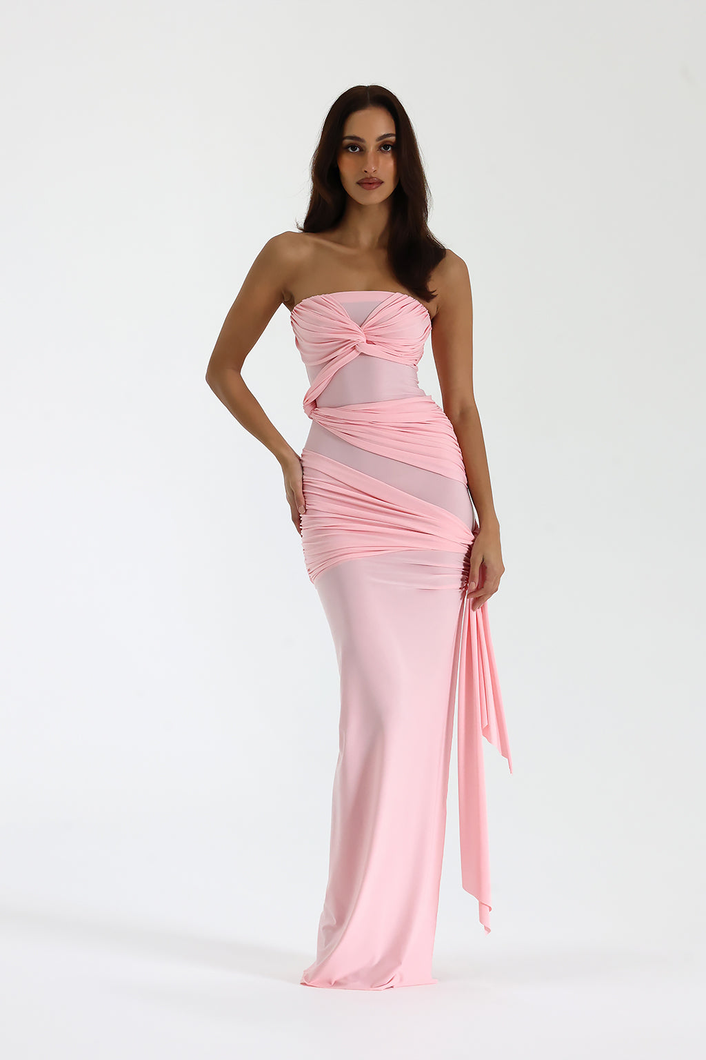 Pink strapless maxi dress with twisted neckline and asymmetrical ruching for women