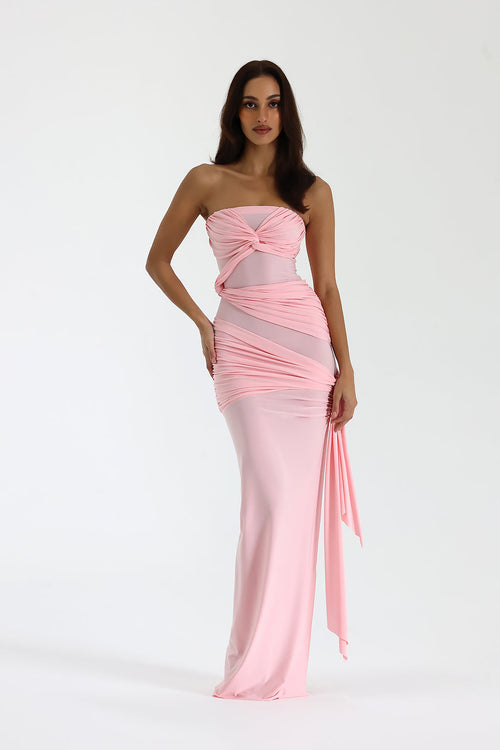 Pink strapless maxi dress with twisted neckline and asymmetrical ruching for women