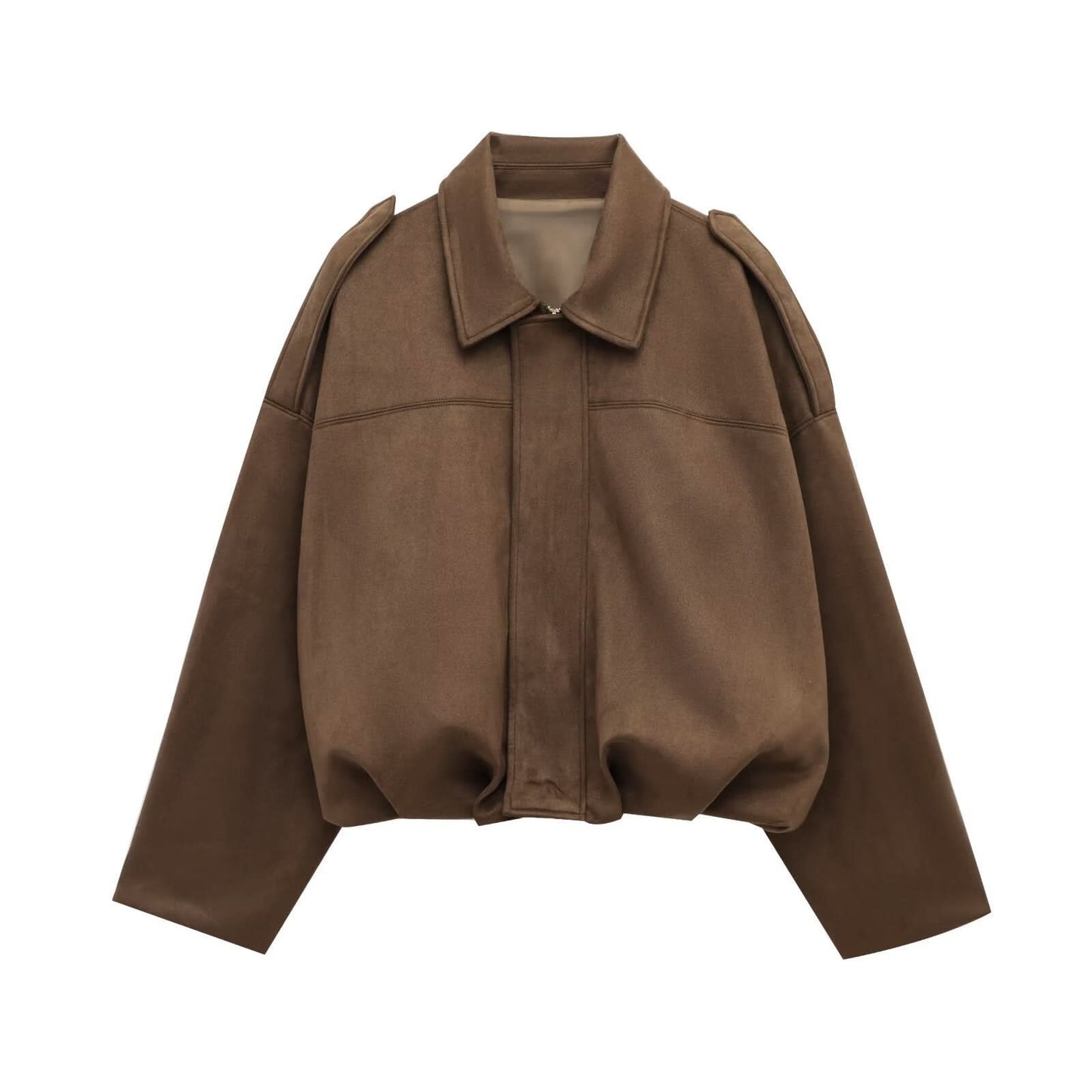 Close-up of brown suede jacket texture and shoulder detail