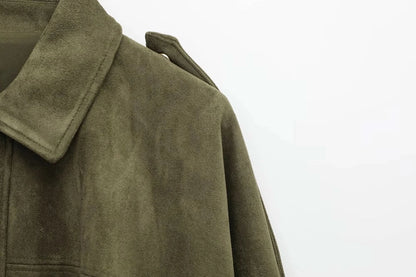 Close-up of brown suede jacket texture and shoulder detail