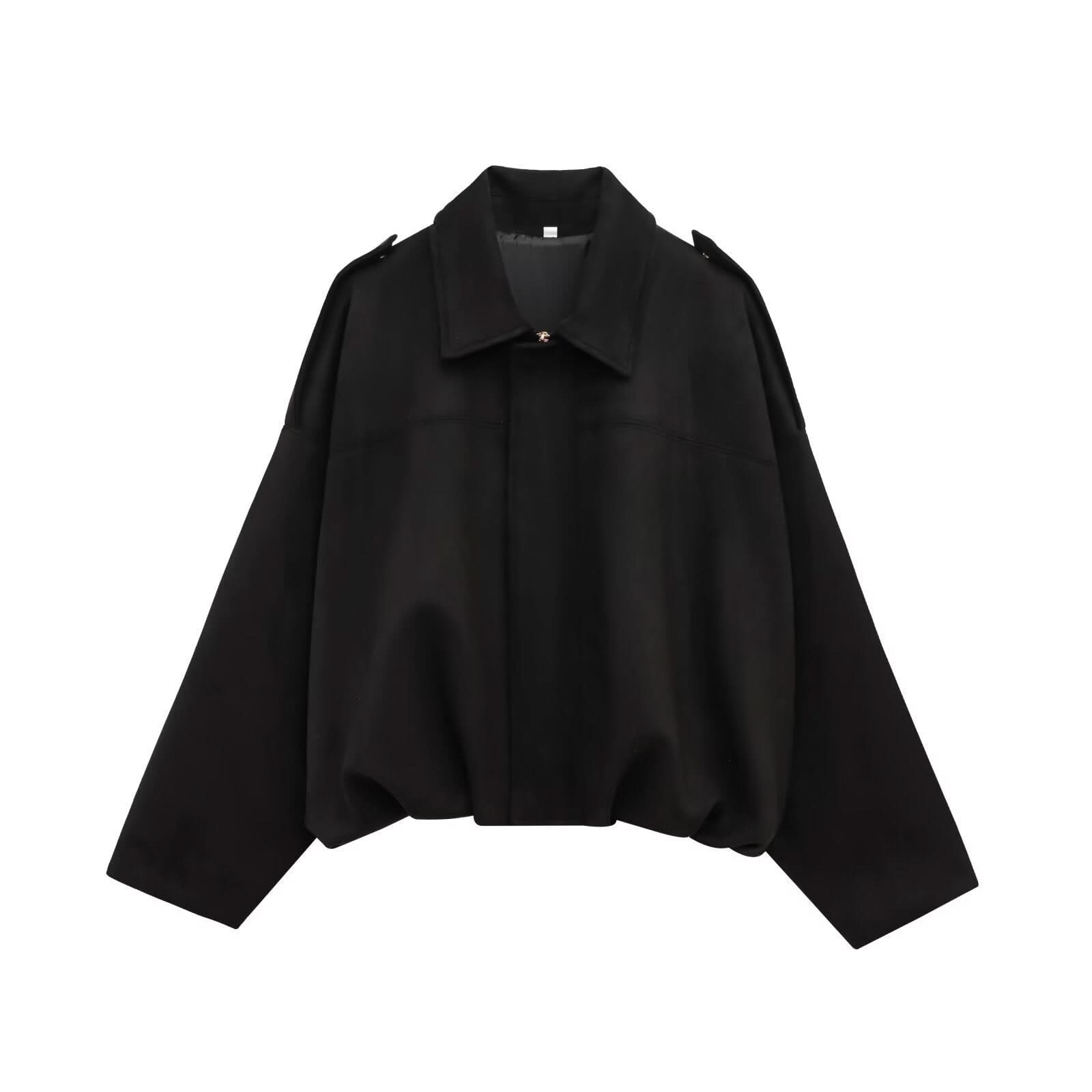 Black suede loose jacket with wide sleeves and collar detail