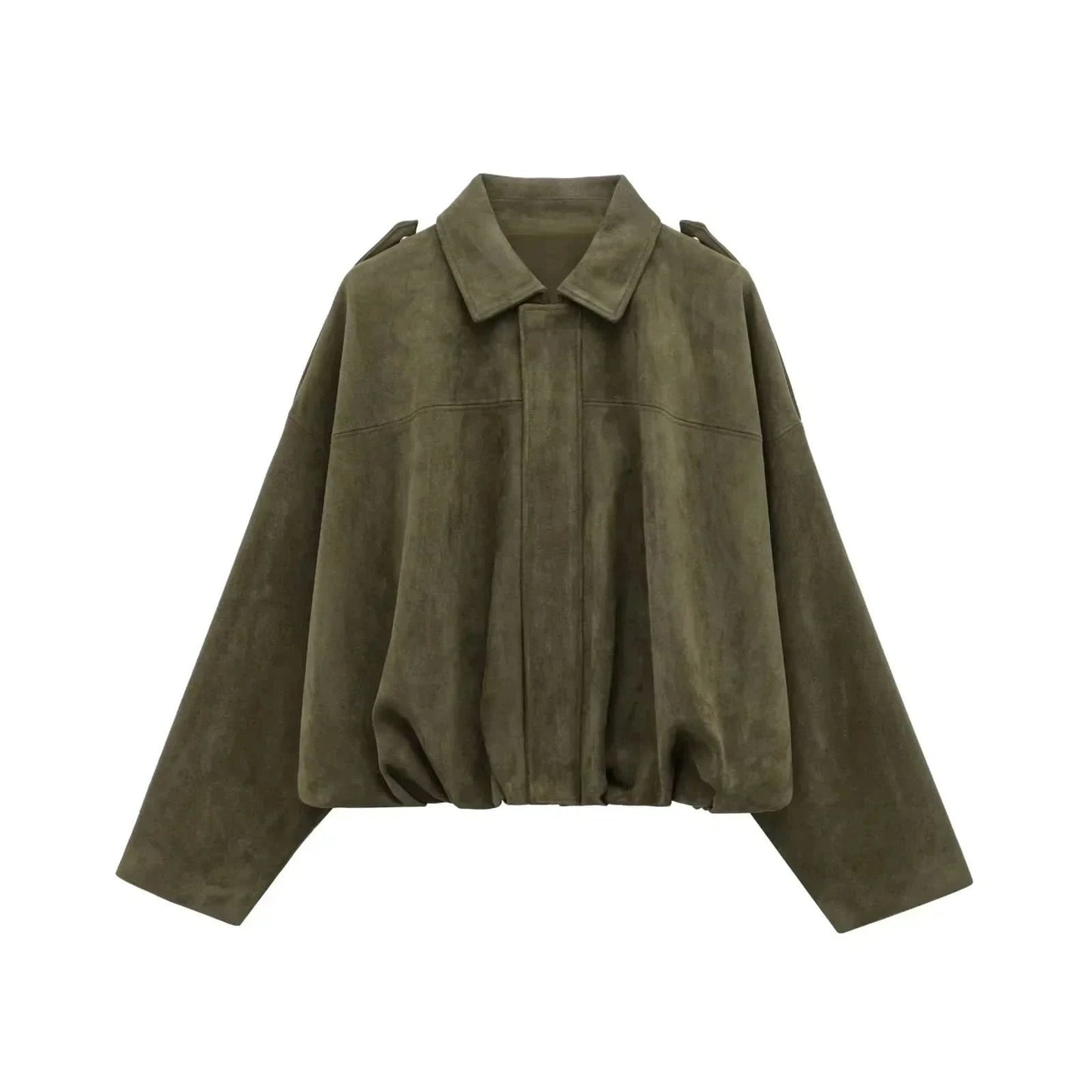 Olive suede loose jacket front view with collar and gathered hem