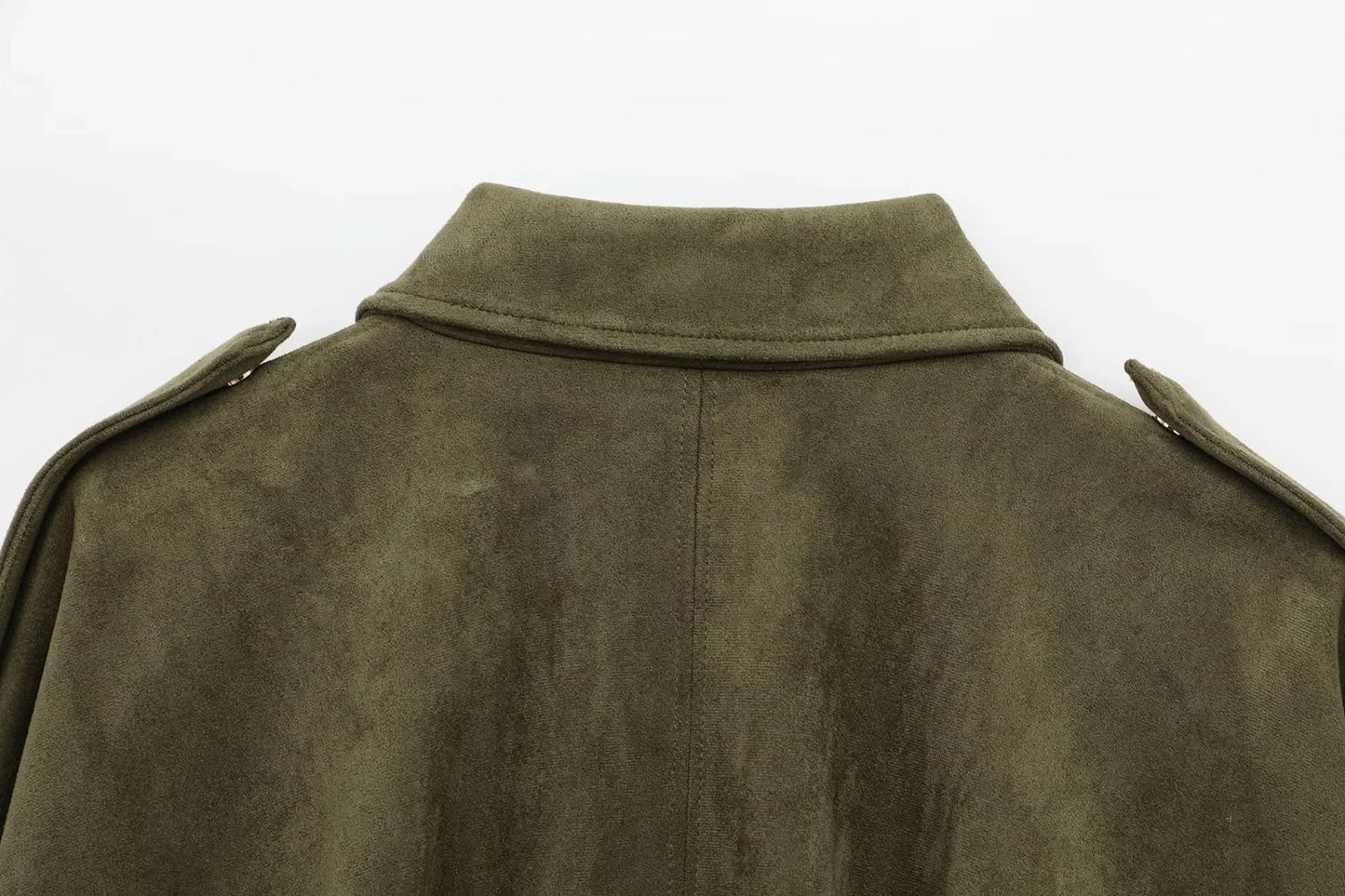 Detailed view of olive suede jacket collar and shoulder seams