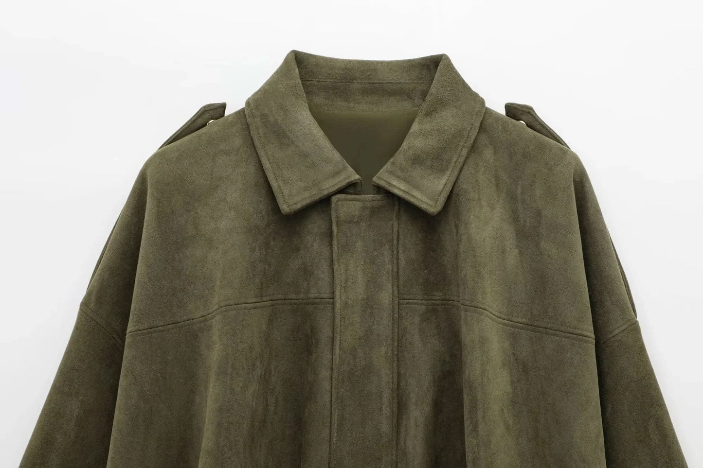 Front view of olive suede loose jacket with collared neckline
