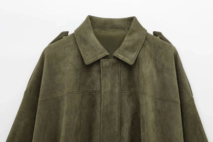 Front view of olive suede loose jacket with collared neckline