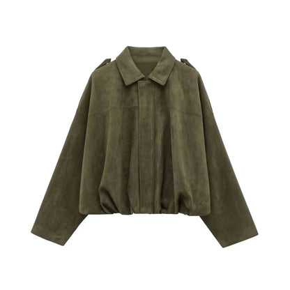Burgundy suede loose jacket with gathered hem and shoulder tabs