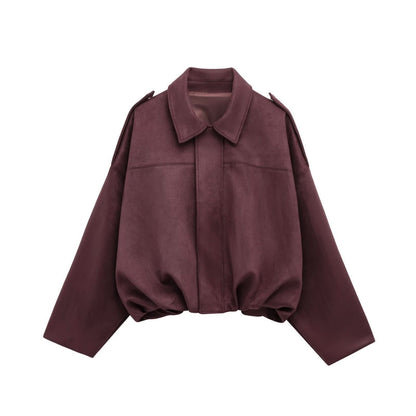 Brown suede loose jacket front view with relaxed fit and collar