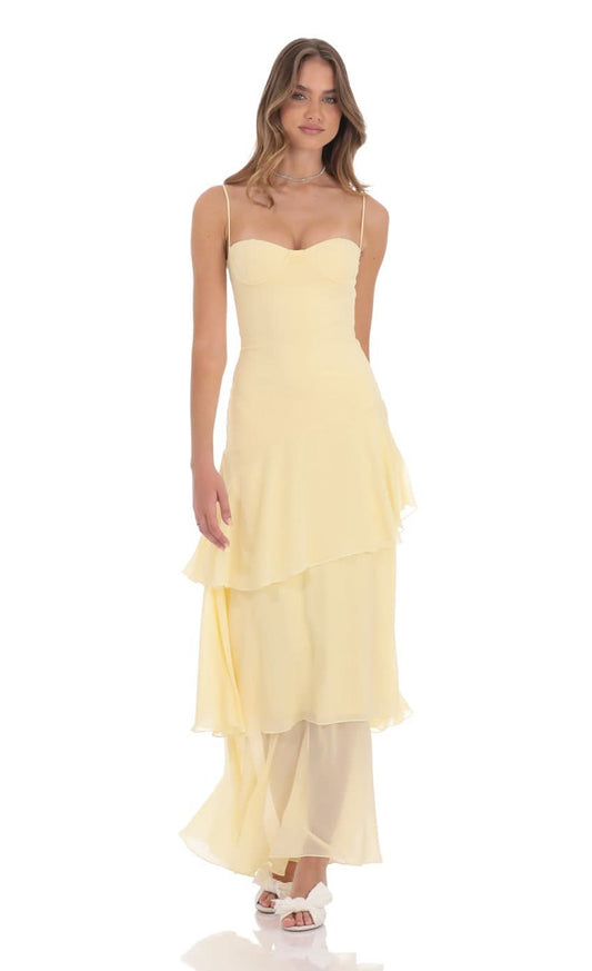 Pale yellow ruffle maxi dress with sweetheart neckline and spaghetti straps for women