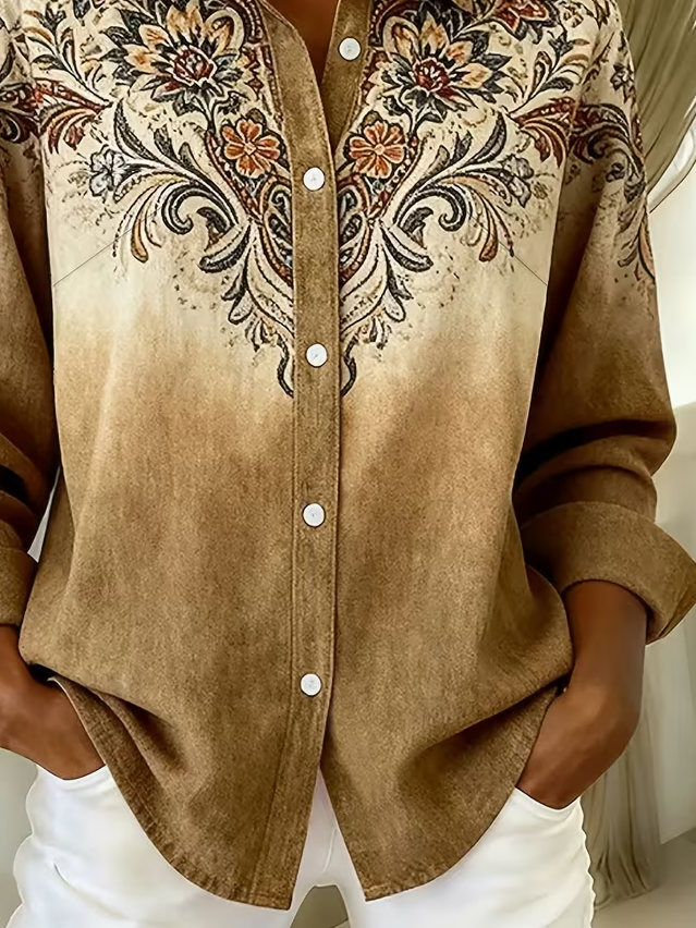 MARCELLE | FLORAL OMBRE BUTTON DOWN SHIRT - Tan Floral