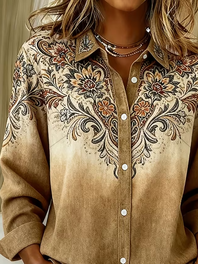 MARCELLE | FLORAL OMBRE BUTTON DOWN SHIRT - Tan Floral