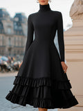 MARCY | TURTLENECK TIERED RUFFLE MIDI DRESS - Black