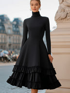 MARCY | TURTLENECK TIERED RUFFLE MIDI DRESS - Black