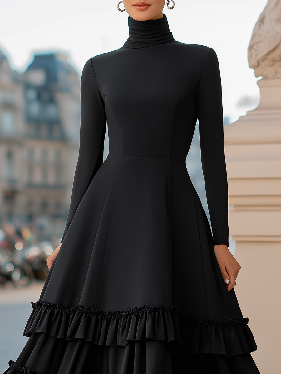 MARCY | TURTLENECK TIERED RUFFLE MIDI DRESS - Black