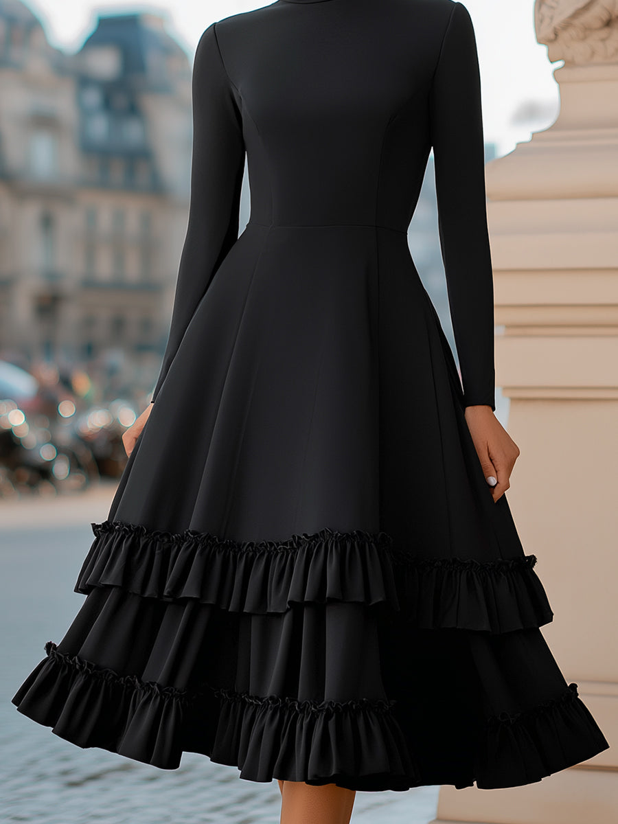 MARCY | TURTLENECK TIERED RUFFLE MIDI DRESS - Black