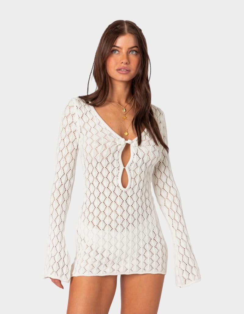 Cream crochet mini dress with bell sleeves and tie-front neckline