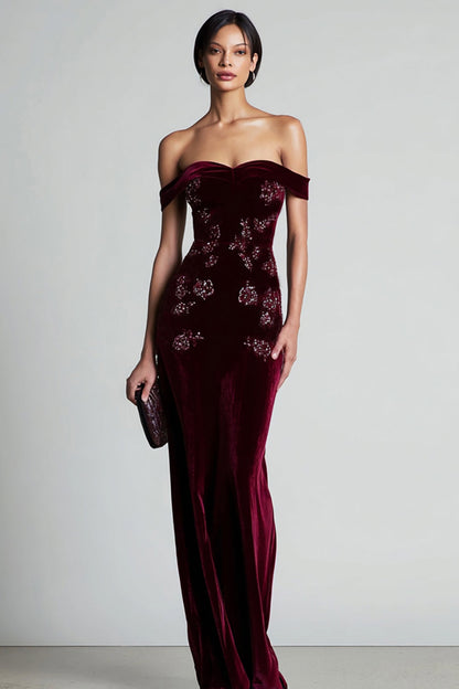 MARIELLE | OFF-SHOULDER VELVET GOWN - Burgundy