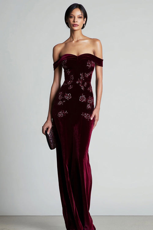 MARIELLE | OFF-SHOULDER VELVET GOWN - Burgundy