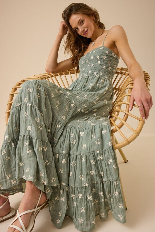 MARISA | EMBROIDERED TIERED MAXI DRESS - Sage