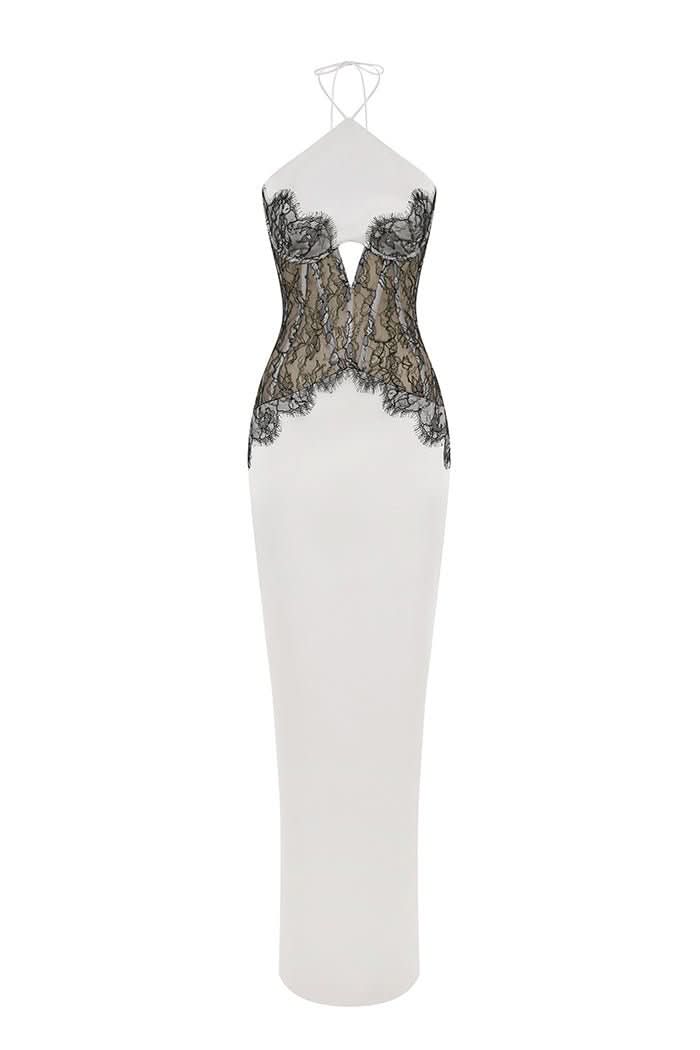 White maxi dress with black lace corset bodice and halter neckline
