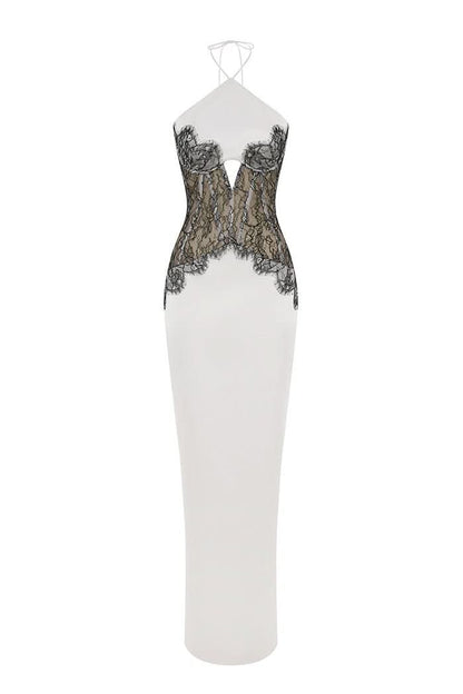 White maxi dress with black lace corset bodice and halter neckline