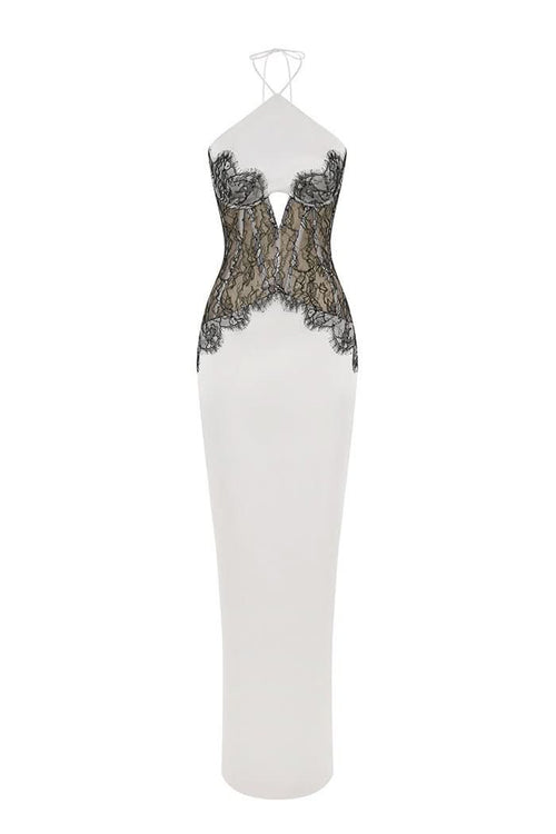 White maxi dress with black lace corset bodice and halter neckline