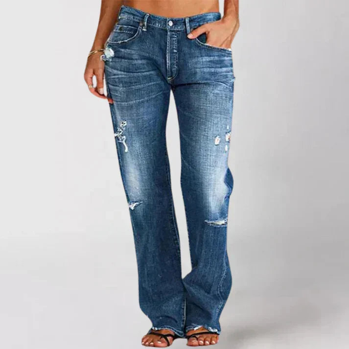 MARLO | DISTRESSED HIGH WAIST JEANS - Medium Blue Wash