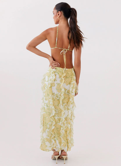 Yellow floral ruffled maxi dress back view with tie closure for women