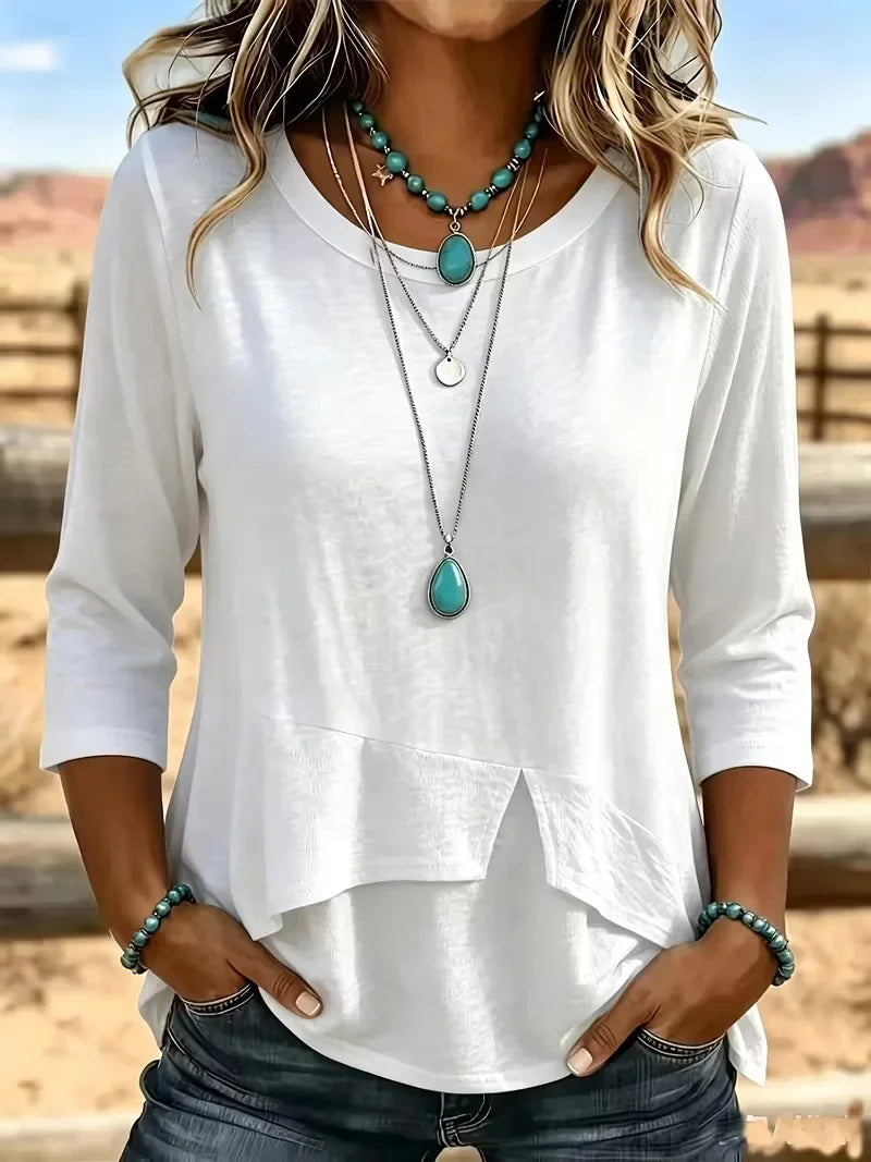 MATTIE | LAYERED HEM CREW NECK TOP - White