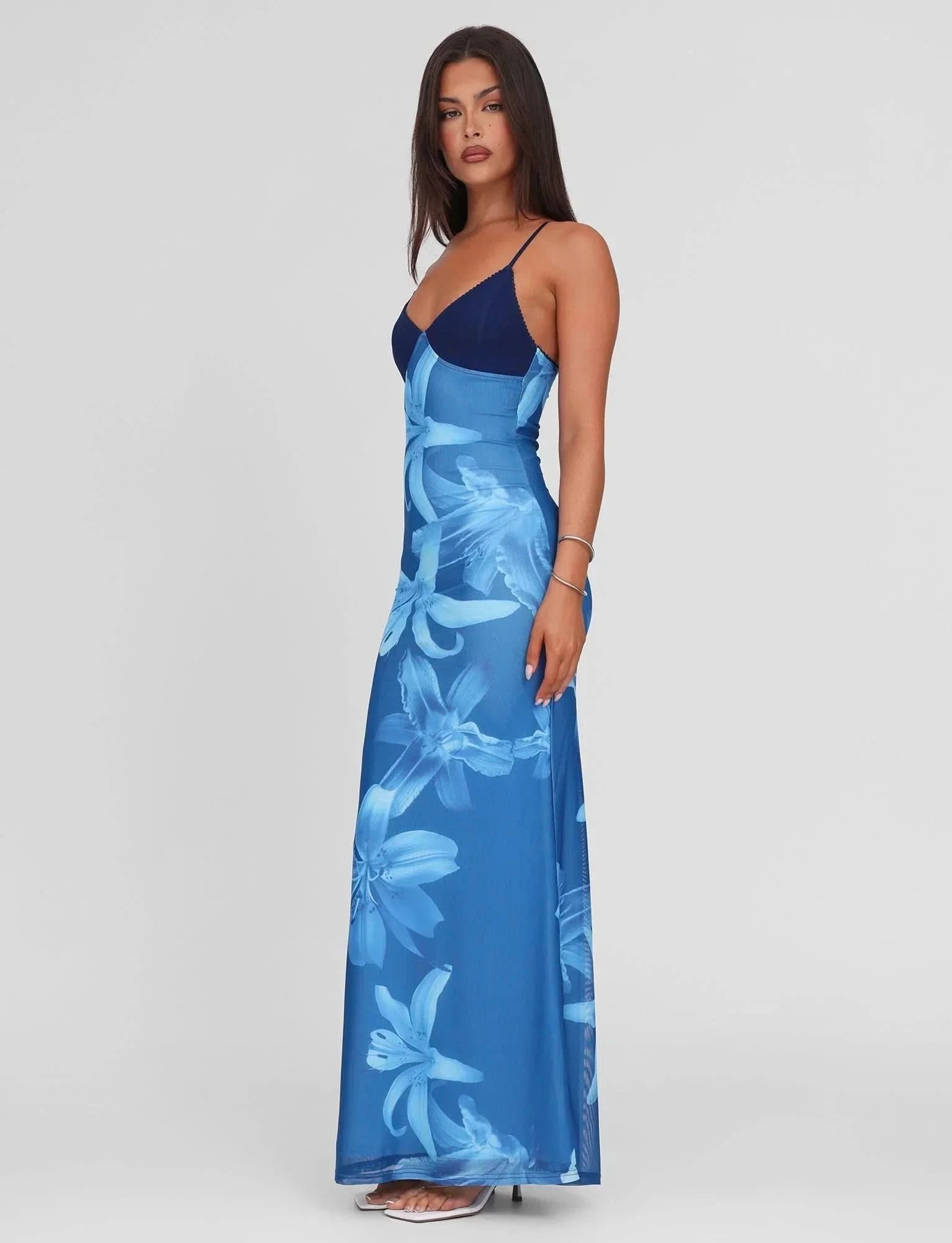 Blue orchid floral maxi dress with fitted bodice and flowing skirt