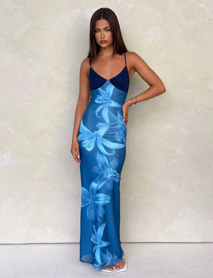 Blue floral maxi dress with V-neckline and spaghetti straps for women