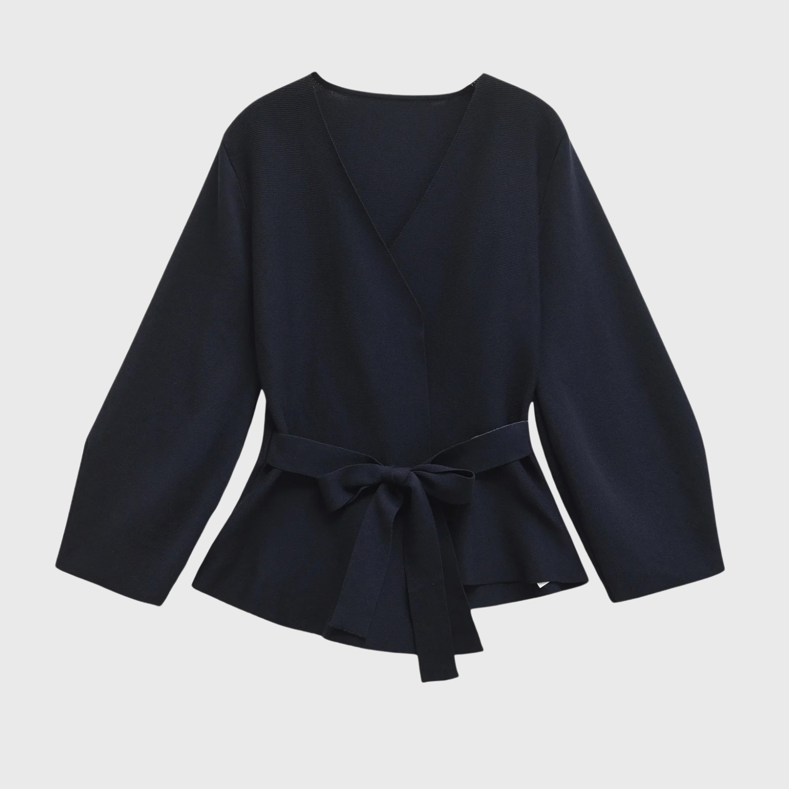 Navy wrap cardigan front view with voluminous sleeves