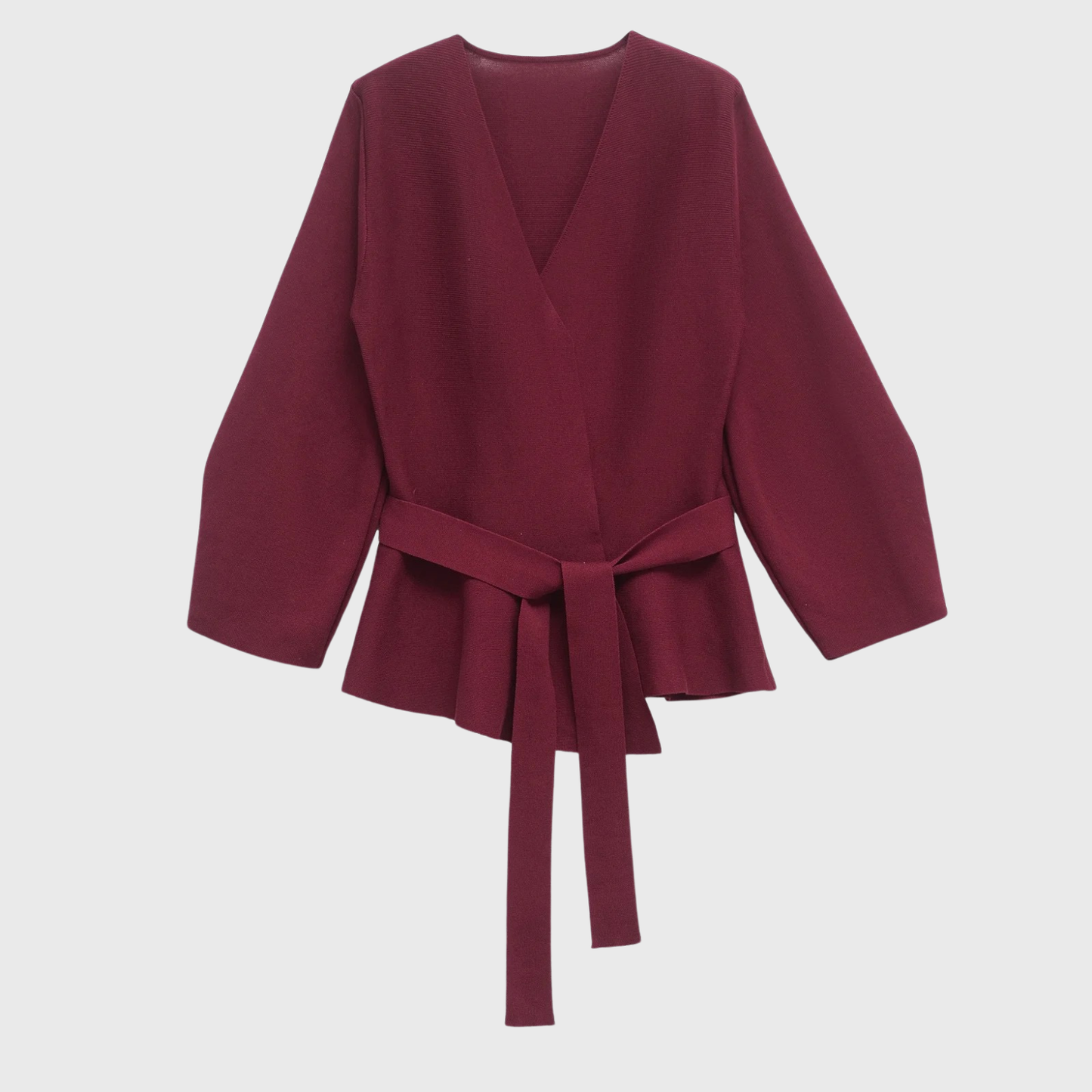 Burgundy wrap cardigan with puffed sleeves and tie waist