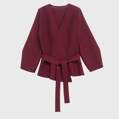 Burgundy wrap cardigan with puffed sleeves and tie waist