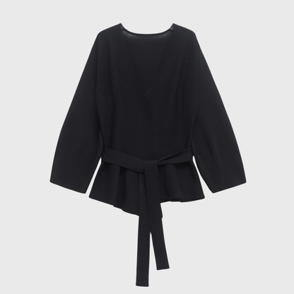 Black wrap cardigan back view with long sleeves
