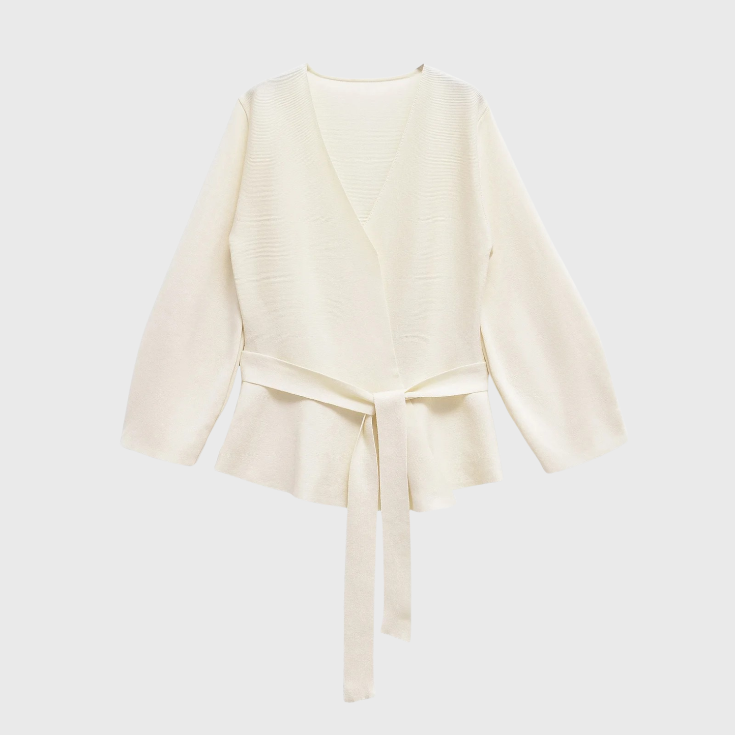 Cream wrap cardigan with tie belt and textured knit fabric