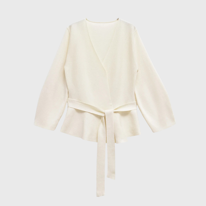 Cream wrap cardigan with tie belt and textured knit fabric