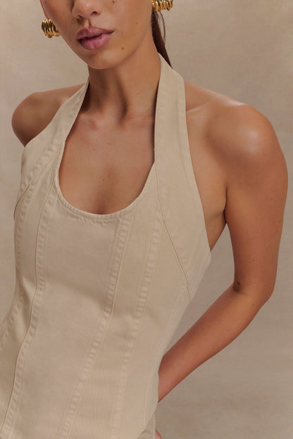Cream white denim halter tank top with vertical seam construction detail