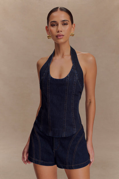 Dark indigo denim halter top with shorts set front view
