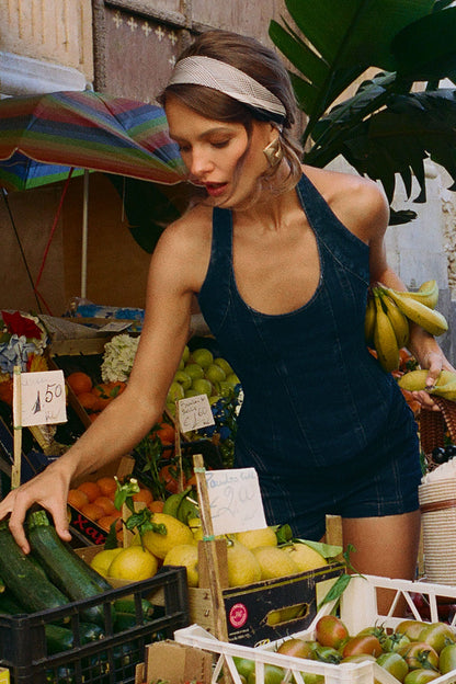 Dark indigo denim halter tank top with vertical seam details