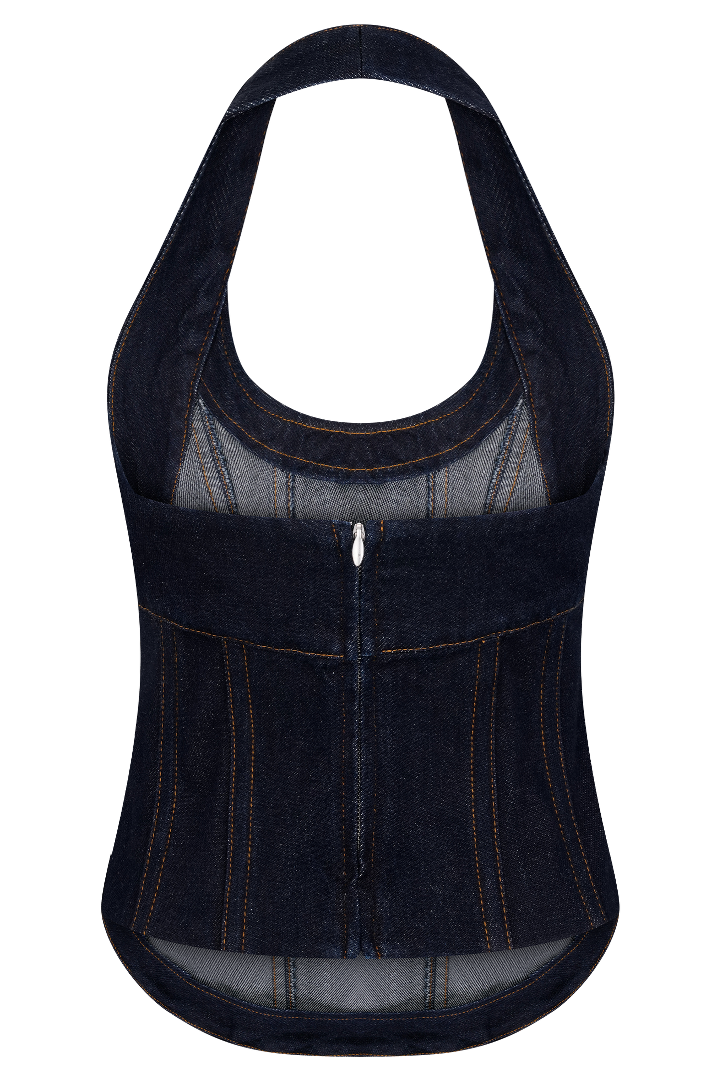 Dark indigo denim halter tank top with mesh panel and vertical seaming