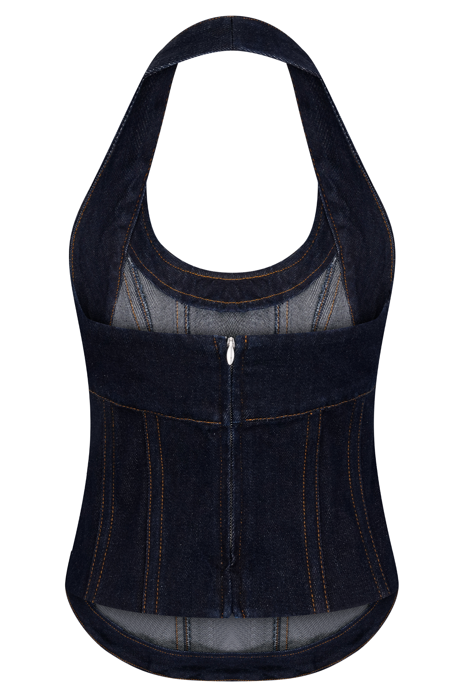 Dark indigo denim halter tank top with mesh panel and vertical seaming