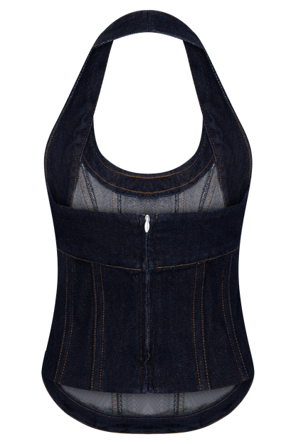 Dark indigo denim halter tank top with mesh panel and vertical seaming