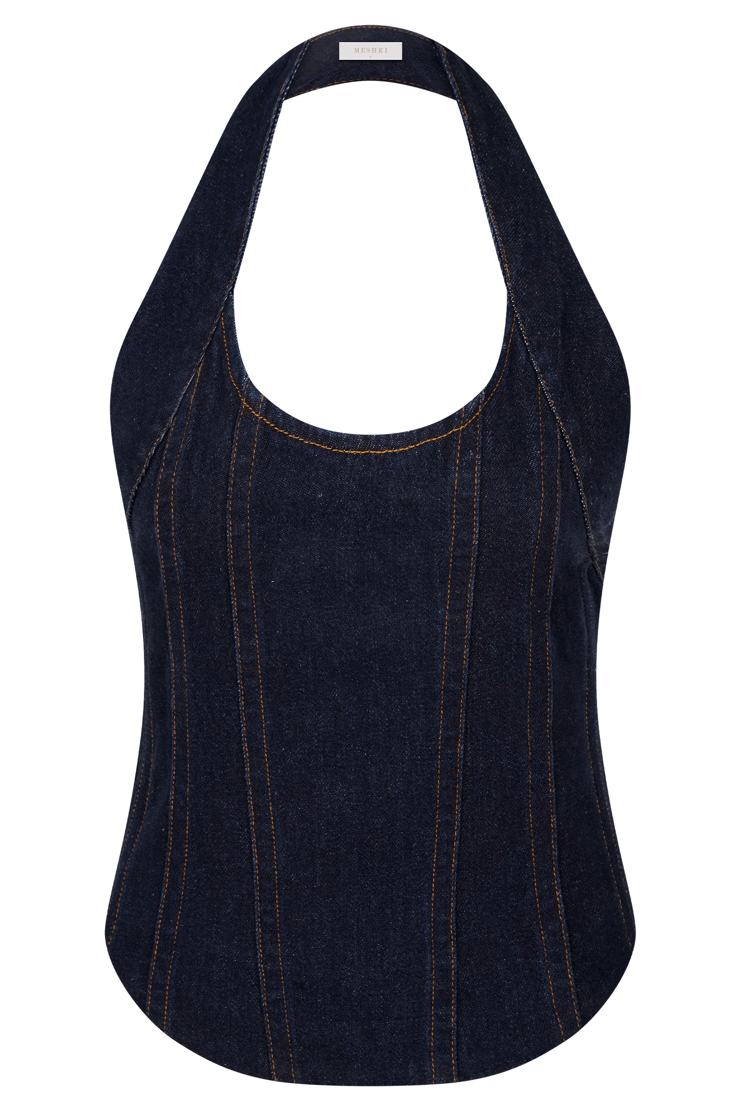 Dark indigo denim halter tank top front view with structured seams