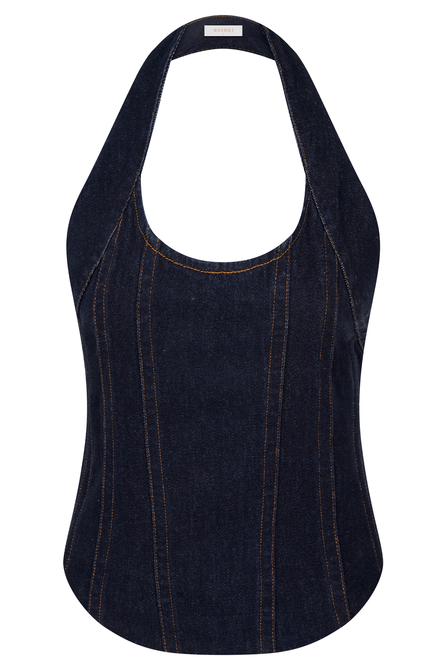Dark indigo denim halter tank top front view with structured seams