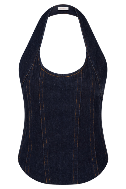 Dark indigo denim halter tank top front view with structured seams