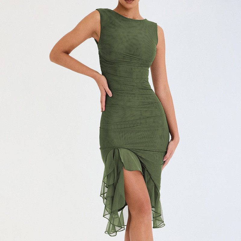 Olive green ruffle midi dress with sleeveless design and draped ruffled skirt
