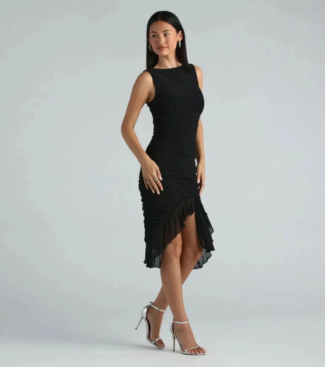 Black ruffle midi dress side view showing fitted bodice