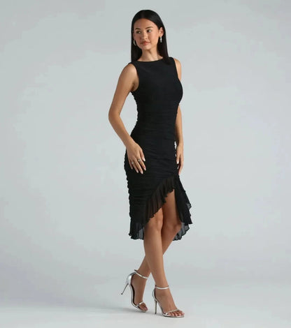 Black ruffle midi dress side view showing fitted bodice