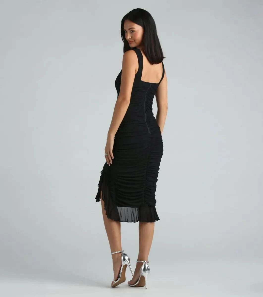 Black ruffle midi dress back view with square neckline